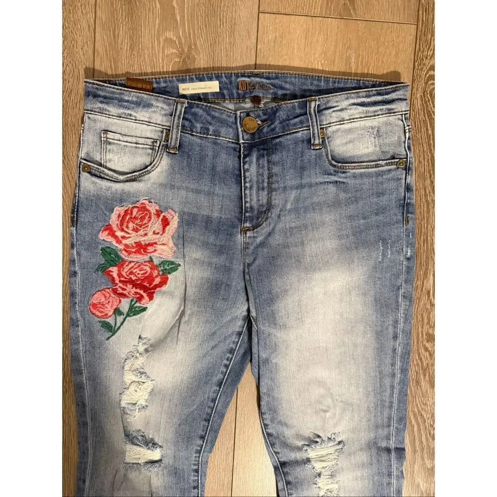 Kut From The Kloth Size 6 Reese Ankle Straight Jeans Rosette Floral Embroidered